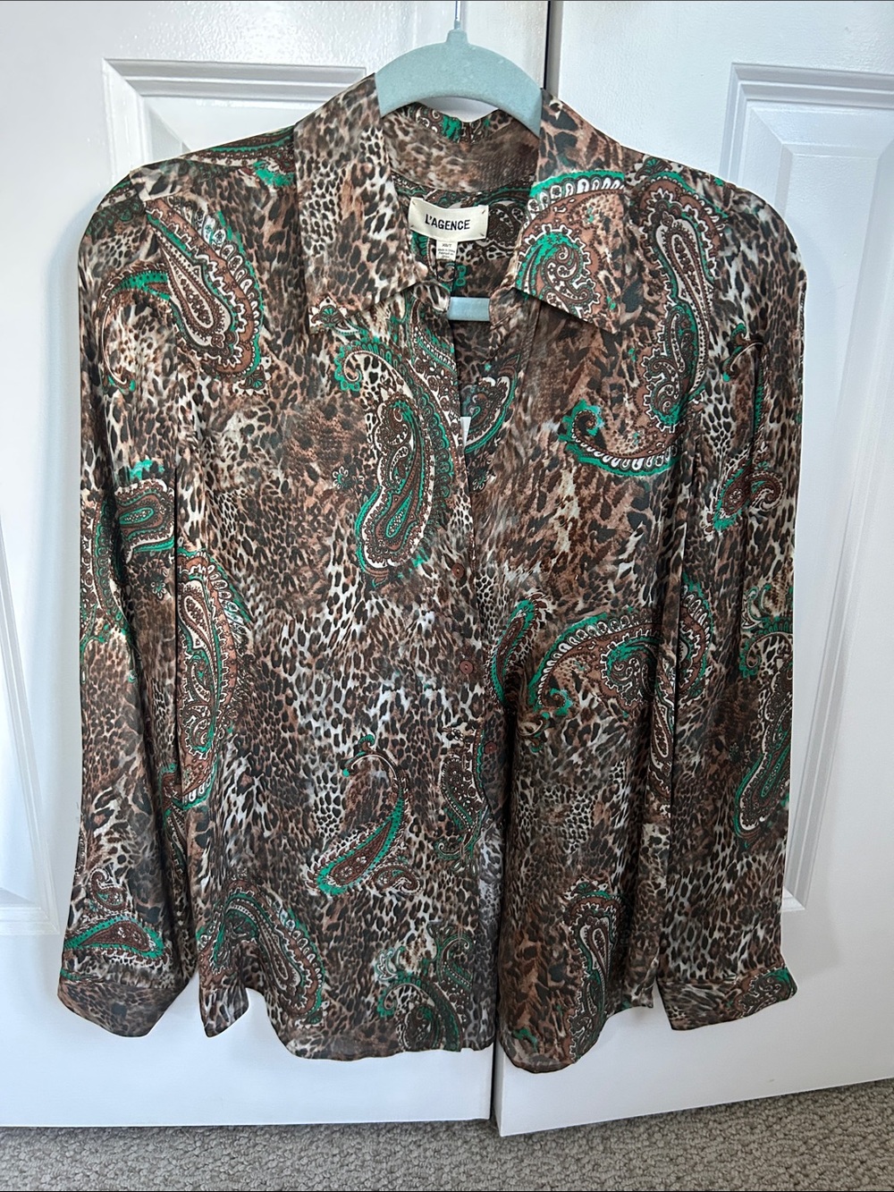 L'AGENCE Brown Leopard Paisley Button-Down Shirt with Green Accents